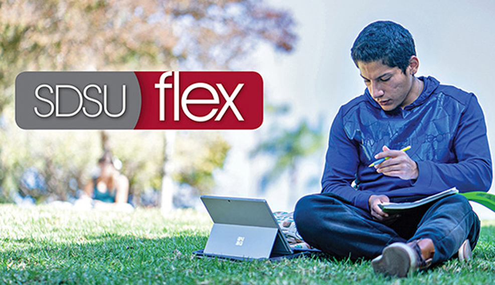 male student sitting on the grass with his laptop