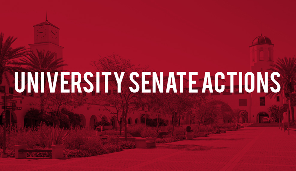 University Senate Actions in white letters over red background of Student Services West and the Student Union