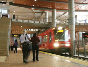 San Diego Trolley pulling into the SDSU Transit Center