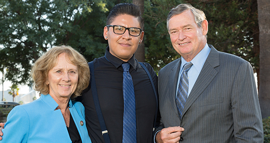 alejandroarias-550px2.jpg scholarship winner Alejandro Arias, Sally Roush & Chancellor White